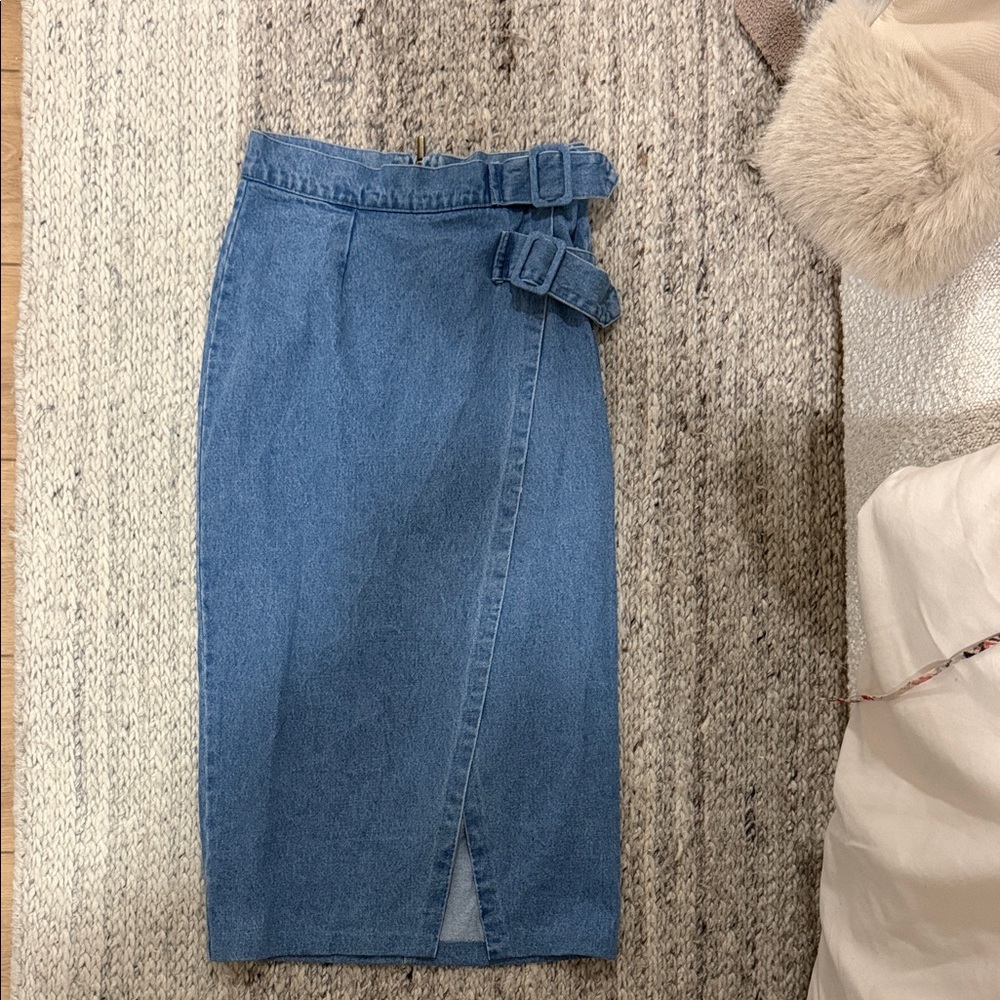 Denim Wrap Skirt with Belted Detail